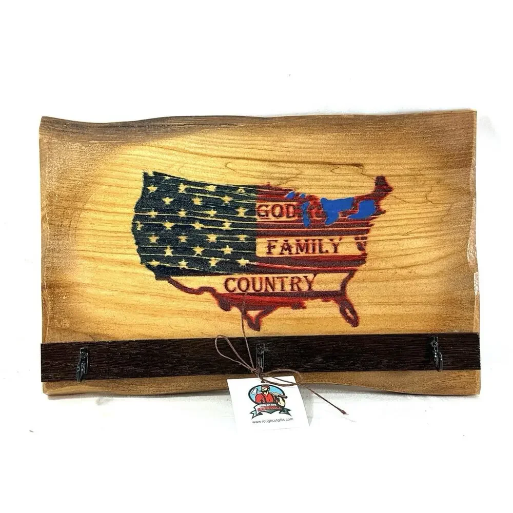 Live Edge Wooden Key Holder Wall Rack God Family Country USA Flag 3 Hooks